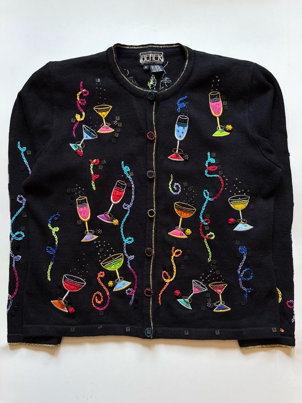VINTAGE Berek by Takako Sakon Womens Black Embroidered Cocktail Cardigan - Sz. M